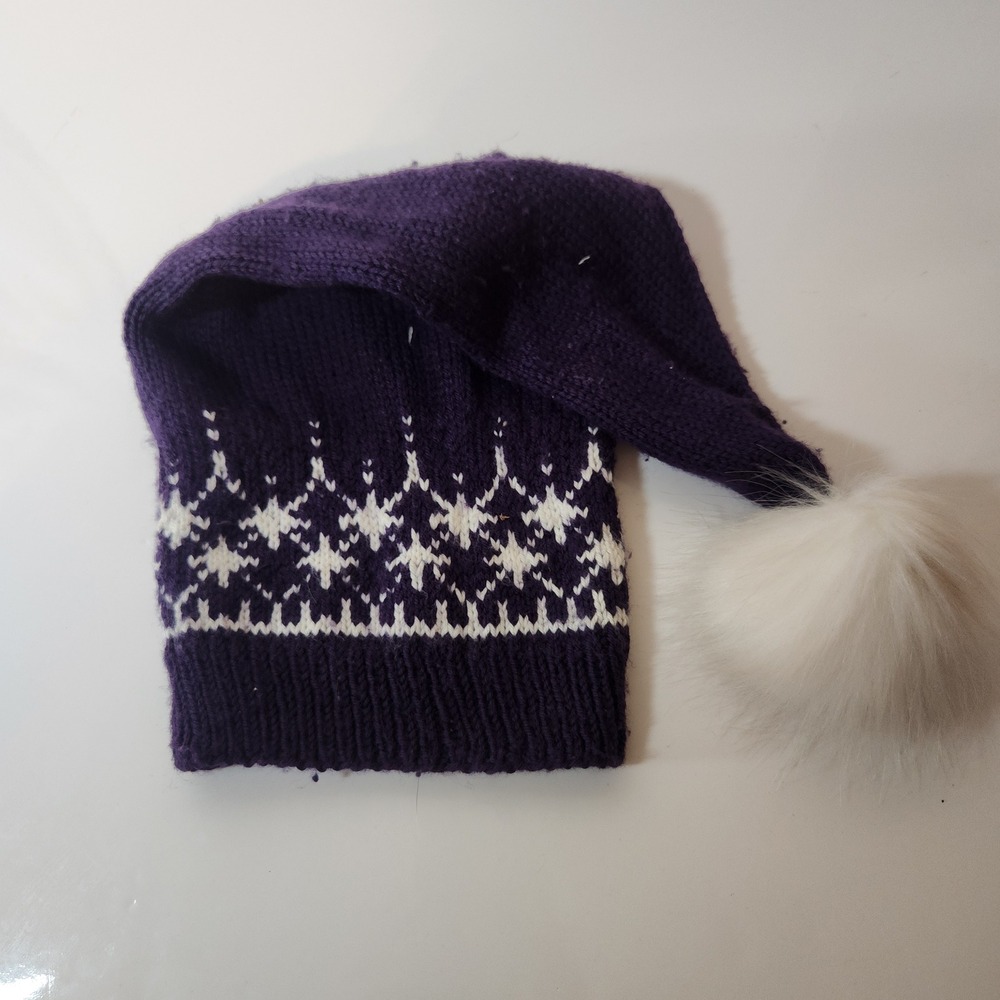 Handmade Purple Fair Isle Long Tail Stocking Cap Pom Pom Beanie Winter Hat
